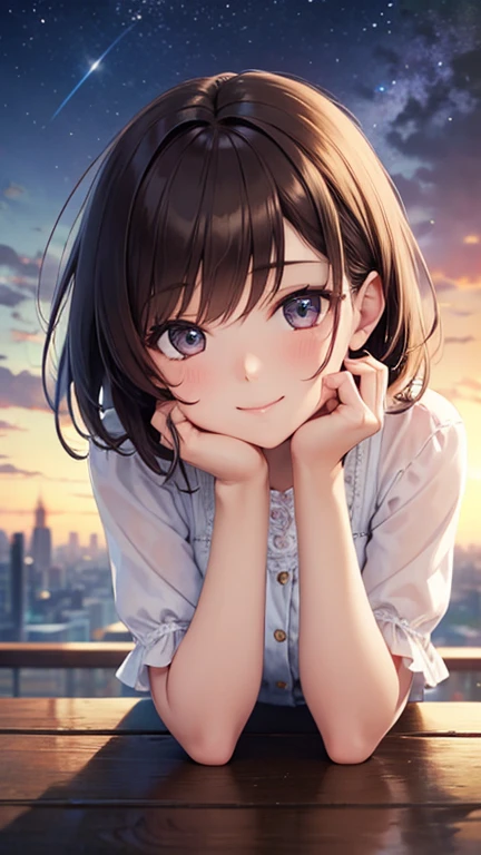 anegasaki nene、Shiny brown hair, short hair, (Beautiful brown eyes、Sparkling eyes, Fine grain)、smile、Ultra-detailed eyes、Highly detailed face, Highly detailed eyes,Cowboy Shot、



(masterpiece:1.2, Highest quality),(Realistic, photoRealistic:1.4),1 female,
 Beautiful Eyes、 Deep as the night sky, I&#39;m watching you, Me n anime/半Realisticなアートスタイル  