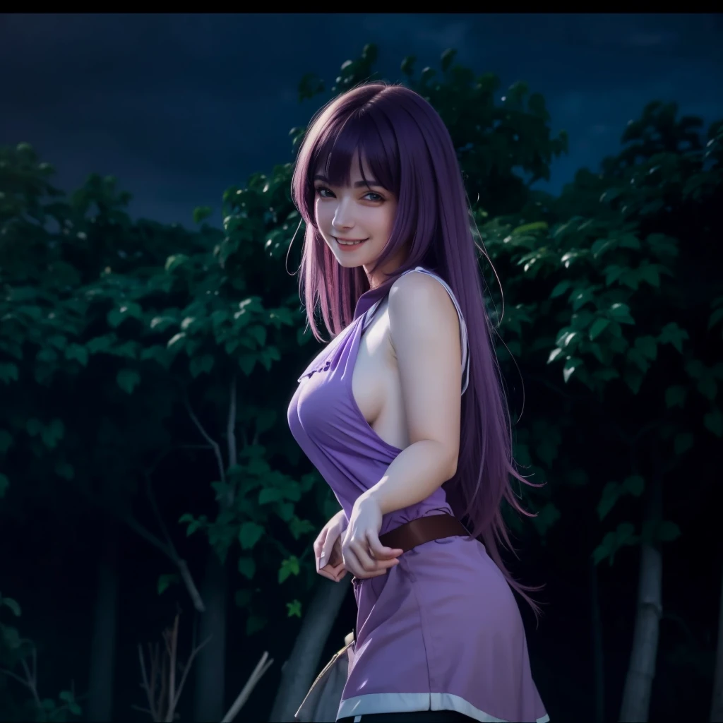 (Best Illumination, Best Shadow, Masterpiece,) 1Girl sitting with her legs open in the open air, long purple hair tied in a ponytail, bright orange eyes, with a slight smile,(Dynamic angle) legs slightly crossed, (Dynamic Pose) with her hands touching the ground, in the middle of a landscape (Embed: Nature), (Long shot) with tall trees and foliage in the background. (embed: vibrant colors)
