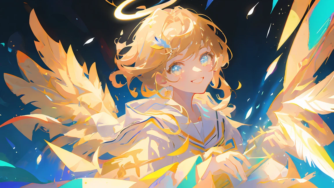 (masterpiece:1.2), best quality,pixiv,official art,perfect anatomy, (Ray tracing, light),solo, Masterpiece, best quality, super detailed, illustration, close-up, direct view, face focus, 1girl, look at the viewer , JK uniform, golden hair , cyan eyes, smile, angel halo, feather wings, full body, angel