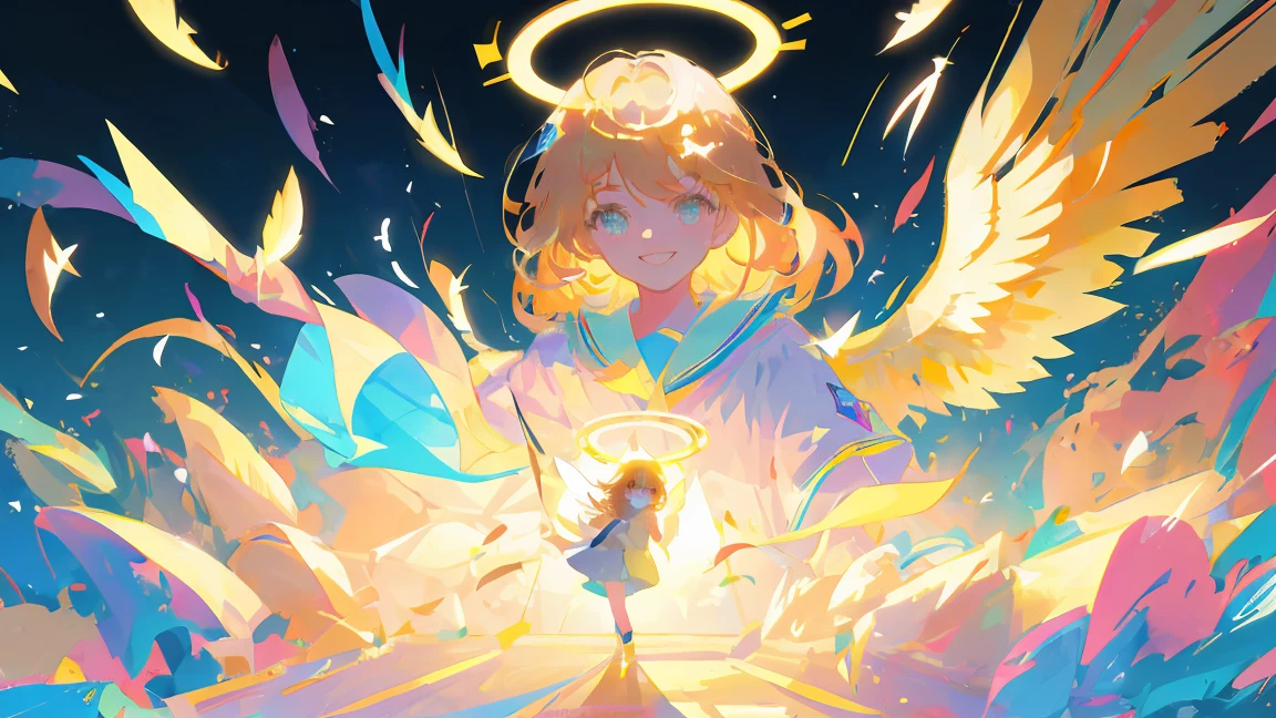 (masterpiece:1.2), best quality,pixiv,official art,perfect anatomy, (Ray tracing, light),solo, Masterpiece, best quality, super detailed, illustration, close-up, direct view, face focus, 1girl, look at the viewer , JK uniform, golden hair , cyan eyes, smile, angel halo, feather wings, full body, angel
