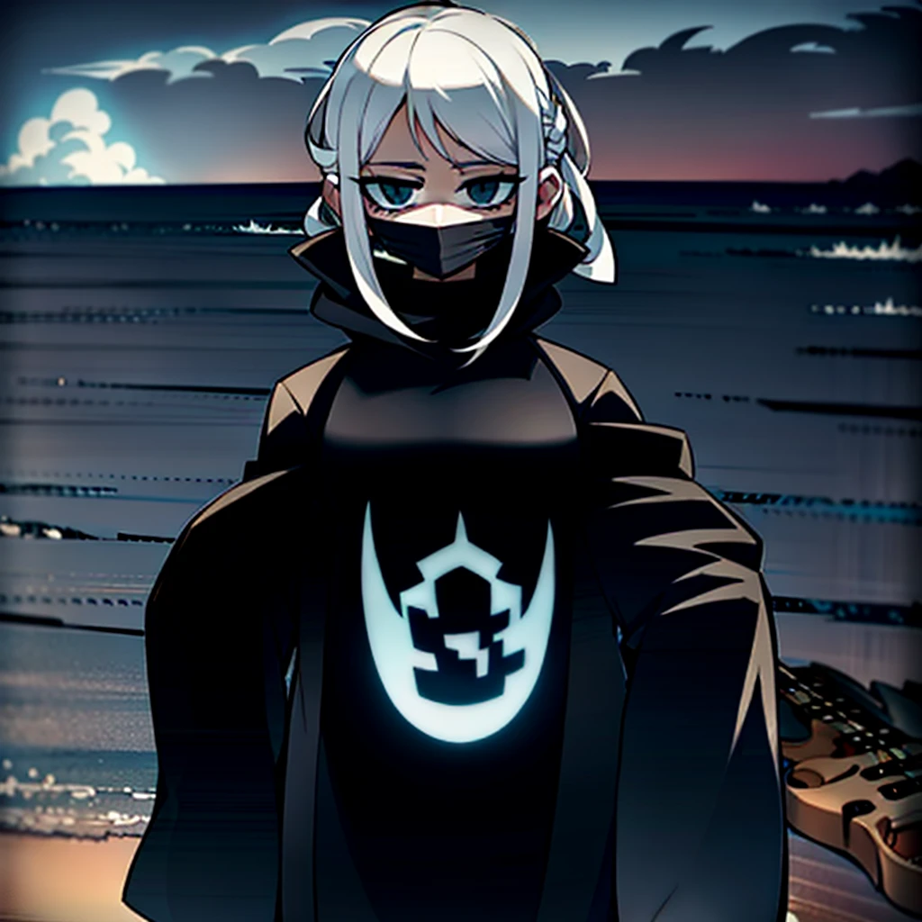 dusk,White hair girl,Wearing a white shirt and plaid skirt,The hood covered her face,Carrying a guitar,Facing the sea。