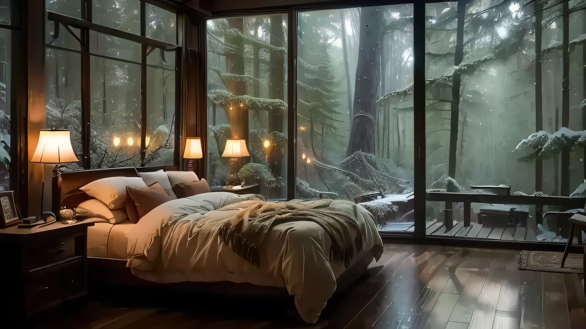 arafed bedroom with a bed and a view of a forest, large windows to forest at night, cozy and peaceful atmosphere, cozy place, dreamy atmosphere and drama, cozy treehouse bedroom, cozy and calm, soothing and cozy landscape, cozy room, cozy environment, quiet and serene atmosphere, cozy bed, cozy atmospheric, inside on a rainy day, magical environment