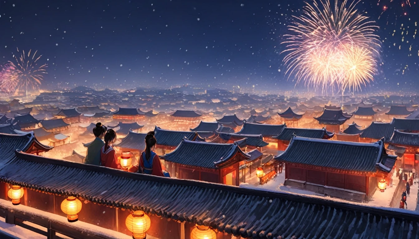 Ancient china city, lantern festival night, firework in the sky, roofs looming in snow, snow falling, a couple wearing Hanfu sitting on the roof watching fireworks