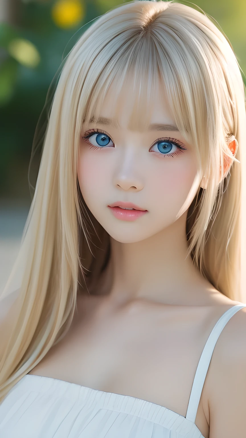 (Close-up:1.4)、(RAW shooting:1.2)、(Photorealistic:1.4)、(masterpiece:1.3)、(Highest quality:1.4)、Bright expression、Very cute girl、An exceptionally beautiful girl、Cute and beautiful face details、Beautiful Bangs、Radiant, fair, glowing skin、Facial hair、Bangs that reach the face、Bangs between the eyes、Super long hair、Super long, straight, silky hair with a striking platinum blonde hue、Thin Hair、Attractive shining beautiful bright clear light blue big eyes、one piece、eyeliner、double eyelid、Ample Bust、Upper Body、