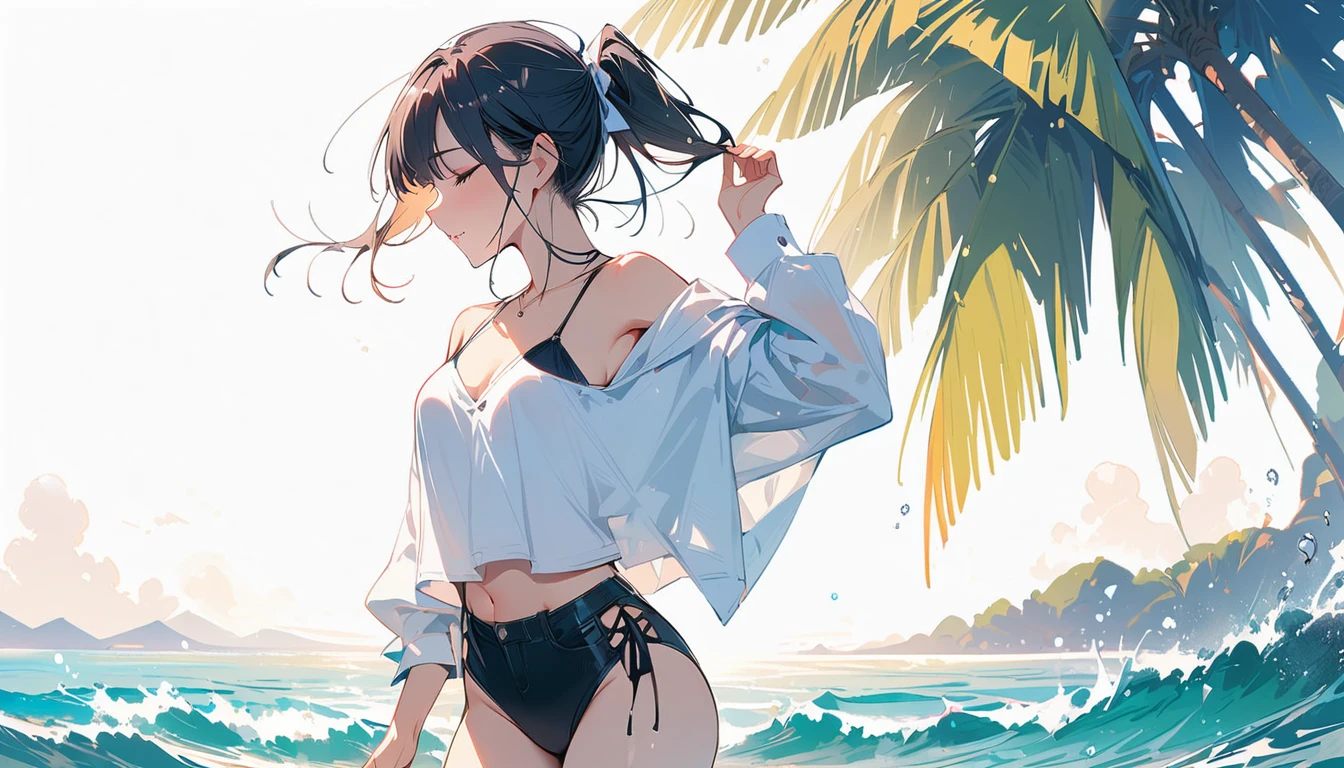 (masterpiece, Highest quality:1.2), 1 Girl, alone,Eyes open,Tropical atmosphere,Ocean,Swimwear