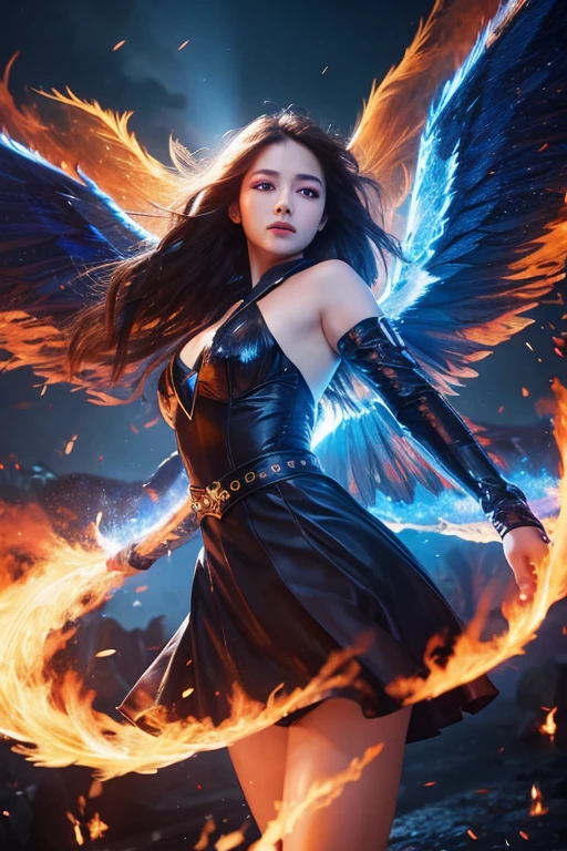 The whole body is swaying with flames、Background lightning flashes、Eyes sparkling blue、The wings flap wide、Very beautiful, realistic and vivid、high resolution、4K、8k