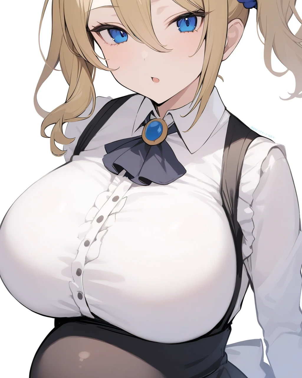 masterpiece,Highest quality,One girl, hayasaka ai, Maid, alone, White Background, Simple Background, View your viewers, Mouth closed, White shirt, Black Dress, Collared shirt, White apron, Long sleeve, Blue Scrunchie,  username, Ascot, brooch、Large Breasts、High Waist Skirt、Pregnant women