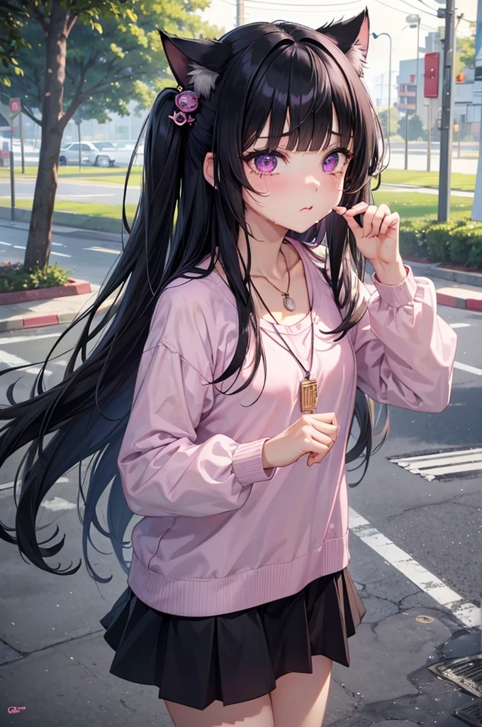 score_9, score_8_up, score_7_up,expressive eyes,1 girl,long hair,blunt bangs,black hair,purple eye,cat hair ornament,necklace,two side up,pink shirt,in park, closed mouth, :t, pout, crying ,thunderstorm,wet ,