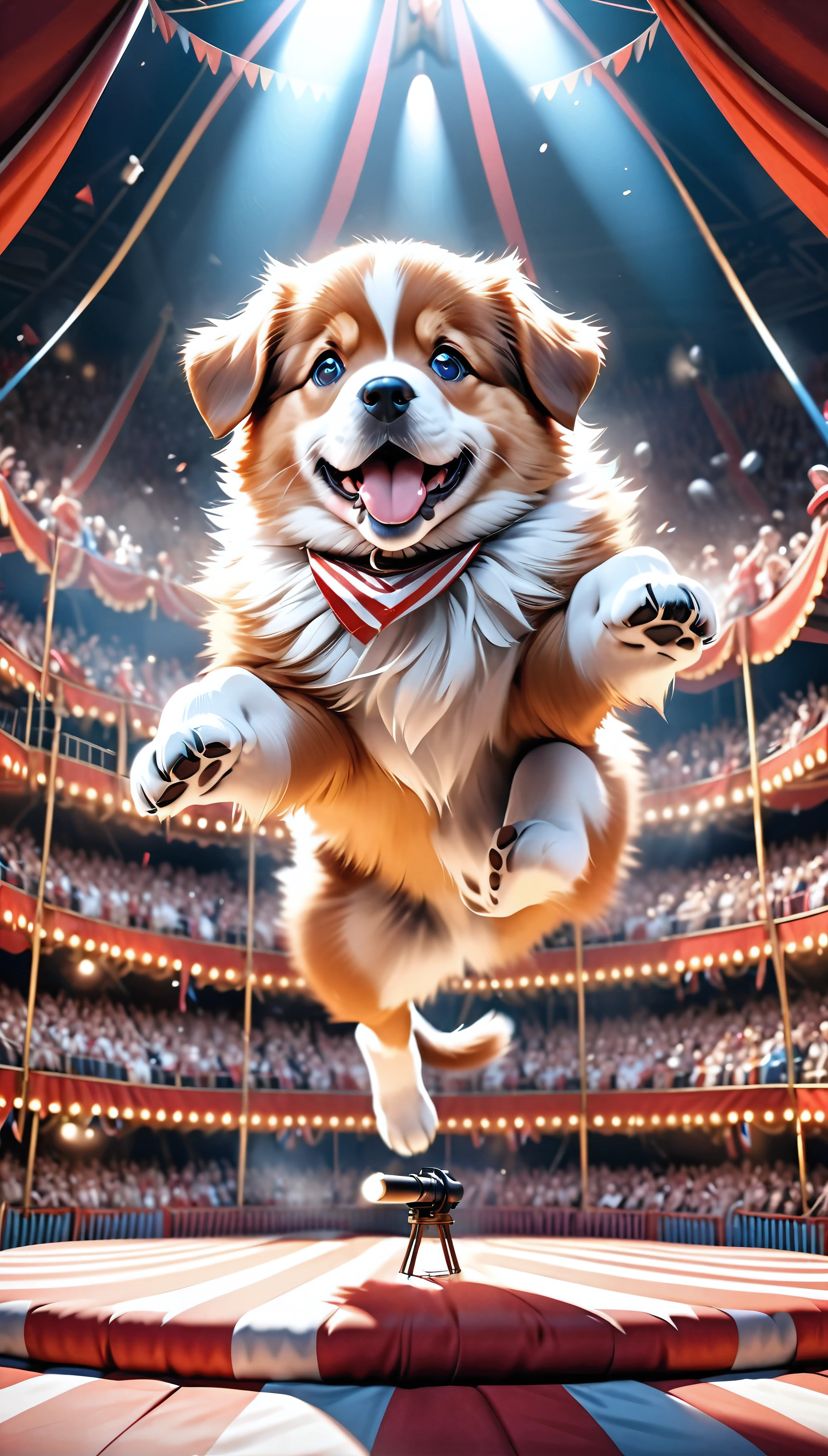 a cute puppy flying through the air, a large cannon facing towards the viewer in the distant background, a big circus performance, (best quality,4k,8k,highres,masterpiece:1.2),ultra-detailed,(realistic,photorealistic,photo-realistic:1.37),1 puppy,extremely detailed fur,extremely detailed eyes,extremely detailed nose,extremely detailed mouth,highly detailed cannon,highly detailed circus tent,dramatic lighting,vibrant colors,cinematic composition,whimsical,imaginative,surreal