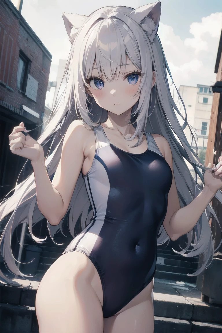 high quality、最high quality、Complete limbs、Ultra-high resolution、Shining Eyes、Full hands and fingers、Slender beauty、Wearing a white school swimsuit、White skin, View your audience,, No fixes, Put your arms behind your back, throw, bangs, Focus Only , break , grasp, at last, girl Grabbed by the Chest ,girl'Outstretched arms, (Crazy behavior), Grab someone else'chest, ((throw hands grabbing girl's chest:1.5))