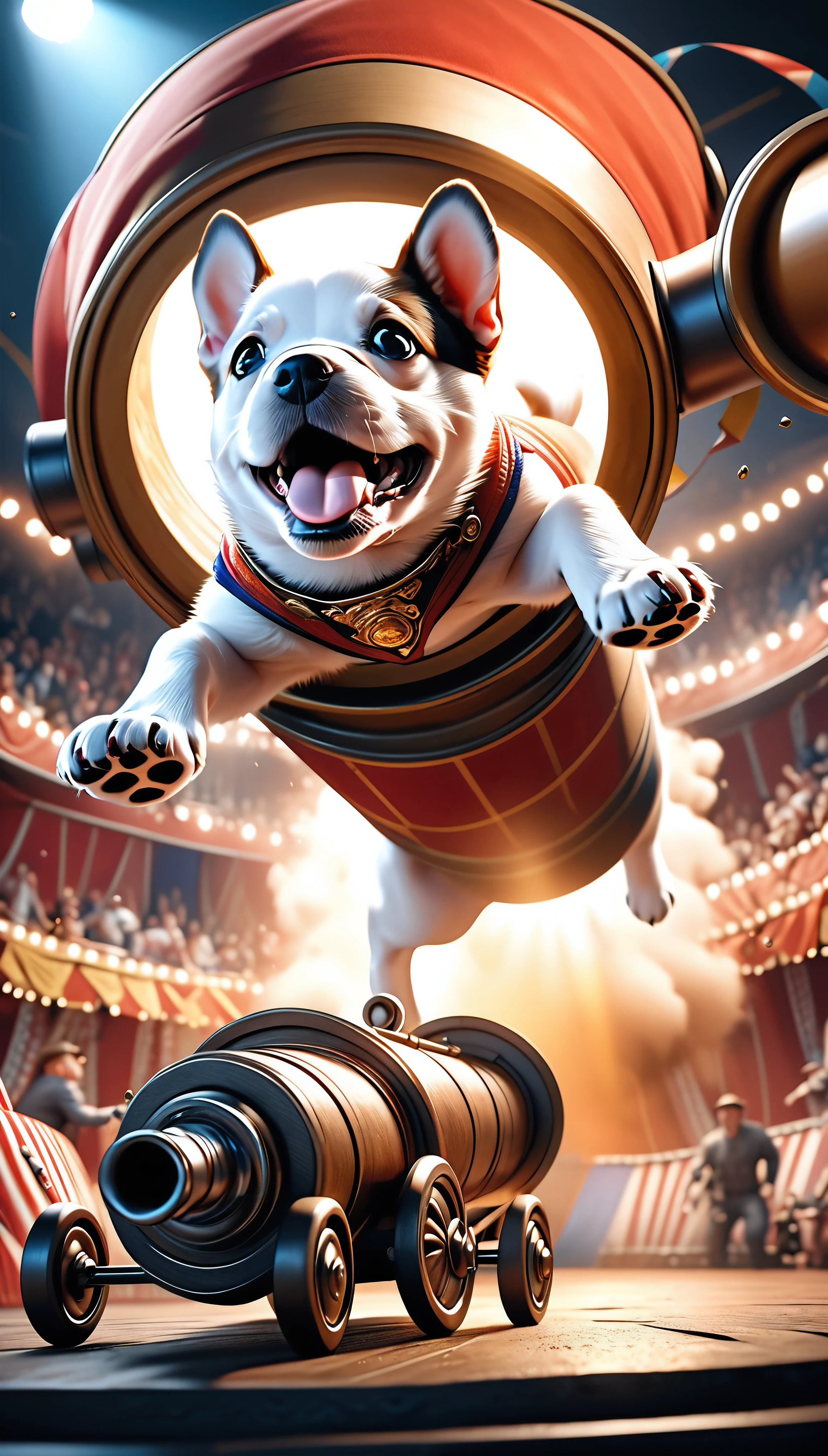 a cute puppy flying through the air, a large cannon facing towards the viewer in the distant background, a big circus performance, (best quality,4k,8k,highres,masterpiece:1.2),ultra-detailed,(realistic,photorealistic,photo-realistic:1.37),1 puppy,extremely detailed fur,extremely detailed eyes,extremely detailed nose,extremely detailed mouth,highly detailed cannon,highly detailed circus tent,dramatic lighting,vibrant colors,cinematic composition,whimsical,imaginative,surreal