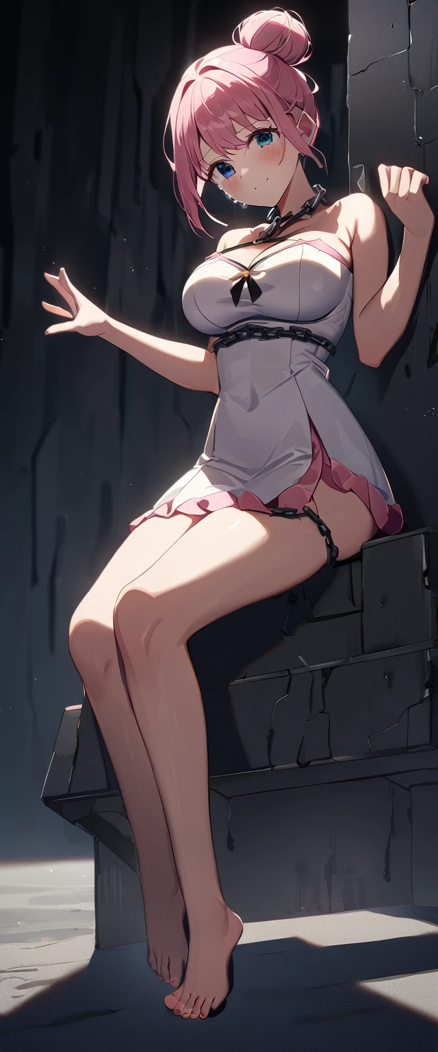 One Girl, yuigahama yui, , short hair, Pink Hair, Hair Bun, (Large Breasts),
(Highest quality, High resolution, 4K, Detailed lighting, Shaders),
Chained,
Are crying, Raise the hand,
Concrete Background, ,
Stuck in a trap, Cloth from pieces, The whole body to the toes,