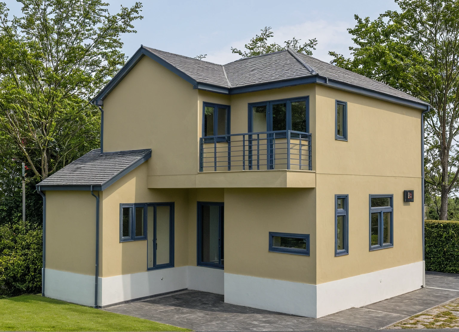 head of'artwork, high quality, best quality, Authentique, Great detail, En plein air, villa de plain-piedXL, groupe aiai, style de maison moderne dans la rue ,stairs, white wall ,road,pavement, grass, trees, sky, nuvens, (day light:1.1)
