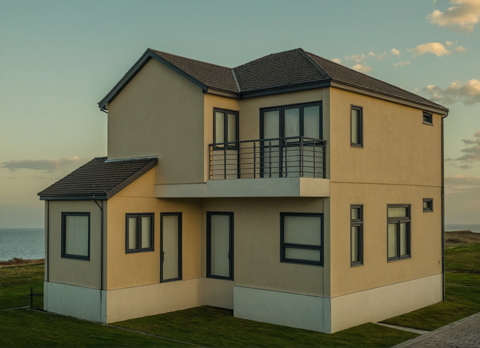head of'artwork, high quality, best quality, Authentique, Great detail, En plein air, villa de plain-piedXL, groupe aiai, style de maison moderne dans la rue ,stairs, white wall ,road,pavement, grass, trees, sky, nuvens, (day light:1.1)