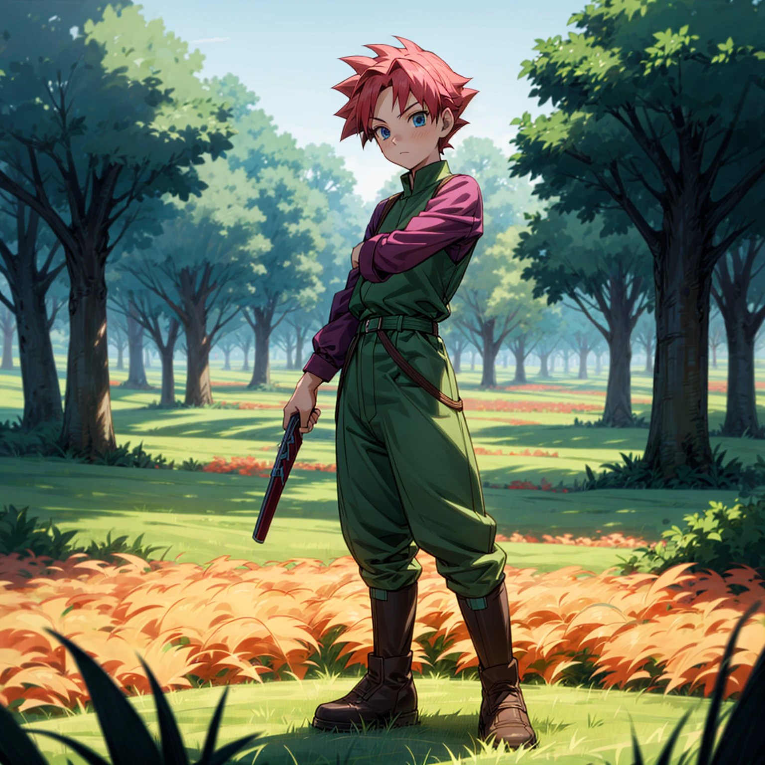 1boy, Full body version, 1character, blue eyes, short haircut, magenta color hair, Farmer style outfit, Boots, Grassroots, full background in field town, motion blur, lighting, (Hunter x Hunter style art), shotgun in hand