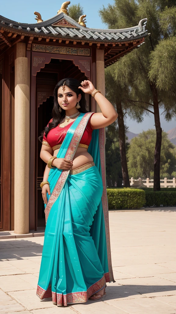 1 Heavenly beautiful and goddess beauty cute and sweet looking face Arabian female in front of Summer Palace, China, Heavenly beautiful Overweight, Heavenly beautiful Extremely fat, Heavenly beautiful and attractive Chubby figure , Heavenly beautiful looking and eye catching luxury style Bandhani Saree , reaching out, Heavenly beautiful Arabian woman, 16k, High resolution, masterpiece, highest quality, fine skin, outside view, Realistic Photograph, close up face view