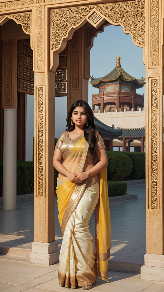 1 Heavenly beautiful and goddess beauty cute and sweet looking face Arabian female in front of Summer Palace, China, Heavenly beautiful Overweight, Heavenly beautiful Extremely fat, Heavenly beautiful and attractive Chubby figure , Heavenly beautiful looking and eye catching luxury style Bandhani Saree , reaching out, Heavenly beautiful Arabian woman, 16k, High resolution, masterpiece, highest quality, fine skin, outside view, Realistic Photograph, close up face view