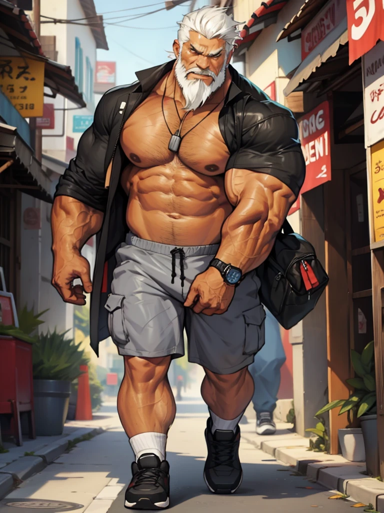 chubby old man in street city, old man, thick arm, huge arm, bearded. white hair and beard, bearded, muscular, pectoral, wide pectoral, realistic, 8k, masterpiece, (wearing shorts and shirtless:1.3, topless, shoes)