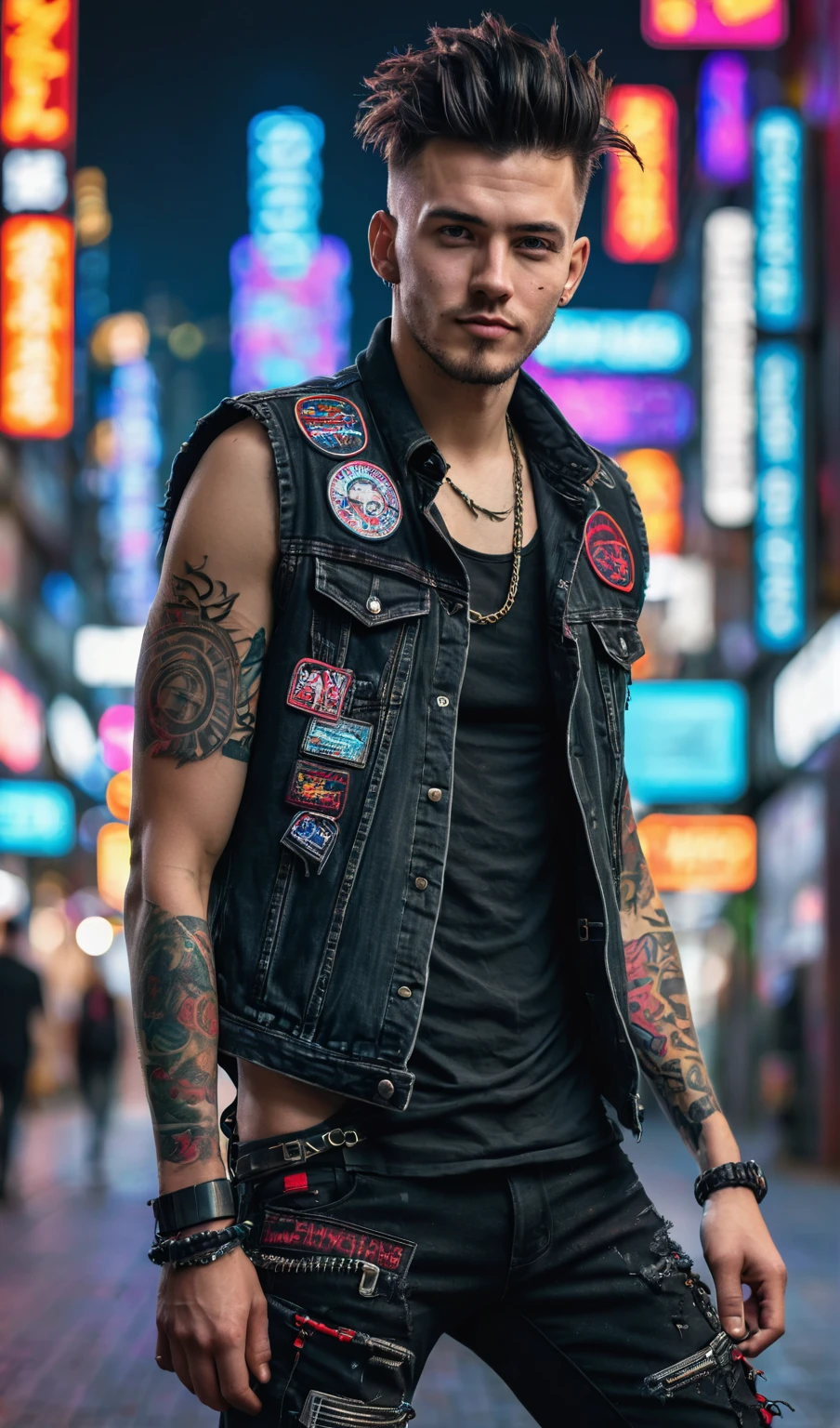 Masterpiece, above, very detailed, original photo, close-up foto, handsome 30 year old young man with cool messy black undercut hair, walking in the cyberpunk city center, wearing a black jean vest full of patches, typical punk pose, tight red checkered flannel pants ripped knees , black cool boots, facing the camera, looking very happy, cyberpunk urban background and neon colorful highlights. bokeh, frontal, ultraHD 32K resolution, HDR, 800mm lens, realistic, hyperrealistic, photography, professional photography, immersive photography, ultra HD, very high quality, best quality, HDR photo, focus photo, original photo, ultra sharp, nature photo, masterpiece, award winning, shot with hasselblad x2d.