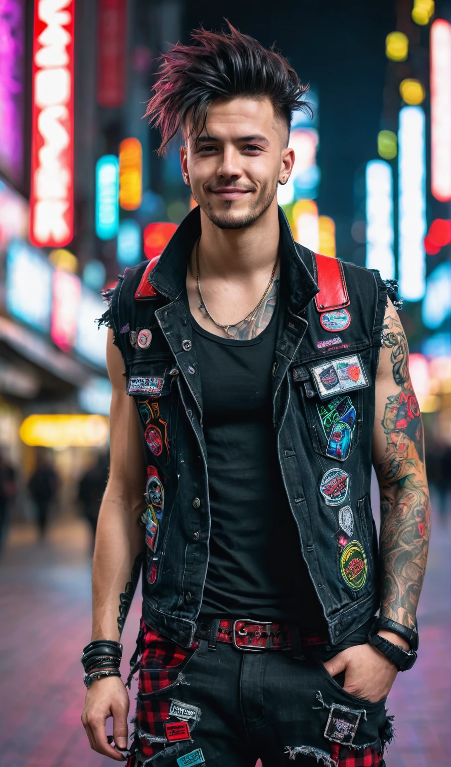 Masterpiece, above, very detailed, original photo, close-up foto, handsome 30 year old young man with cool messy black undercut hair, walking in the cyberpunk city center, wearing a black jean vest full of patches, typical punk pose, tight red checkered flannel pants ripped knees , black cool boots, facing the camera, looking very happy, cyberpunk urban background and neon colorful highlights. bokeh, frontal, ultraHD 32K resolution, HDR, 800mm lens, realistic, hyperrealistic, photography, professional photography, immersive photography, ultra HD, very high quality, best quality, HDR photo, focus photo, original photo, ultra sharp, nature photo, masterpiece, award winning, shot with hasselblad x2d.