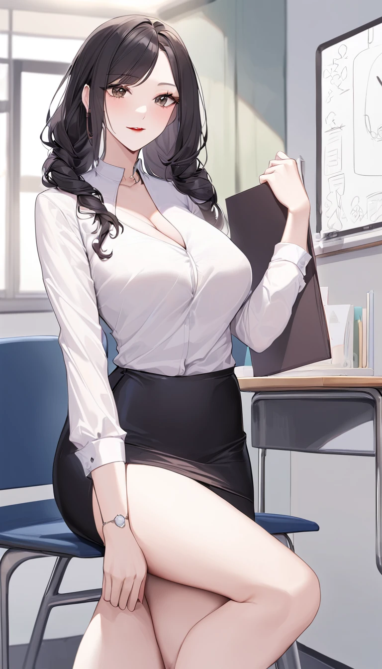 A beautiful Asian woman in her late 30s, with long black hair styled neatly. She is wearing an elegant office lady (OL) outfit consisting of a fitted white blouse, a knee-length black pencil skirt, and black high heels. She has a gentle yet confident expression, exuding both professionalism and warmth. The setting is a modern classroom with a whiteboard behind her, and she is holding a stack of books. Her outfit complements her slim and graceful figure, and she stands in a poised and composed manner
