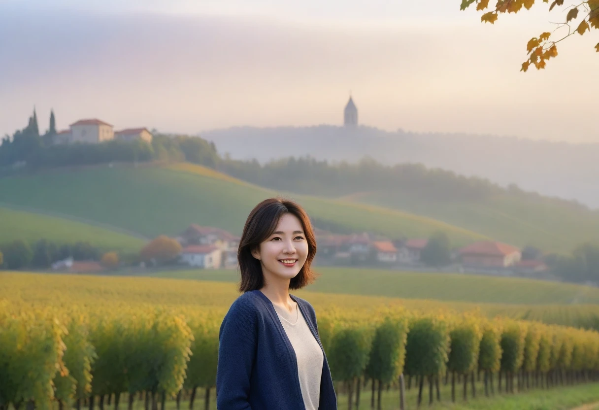 8k best picture quality, Beautiful 36-year-old Korean woman, Chest size 34 inches, Dawn in the early autumn countryside in northern Italy, View of the cathedral next to the vineyards, The back background is realistic and vivid quality., short medium hair, shirts and cardigans, Wear casual pants, Smile slightly. the background is clear, look up to the side., Looking at vineyards covered in thick fog from a tree-lined hill road