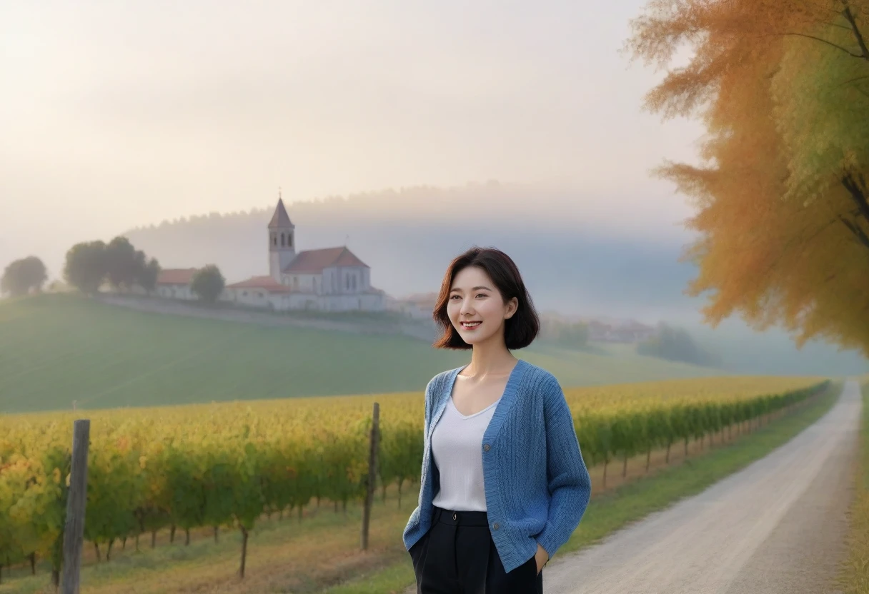 8k best picture quality, Beautiful 36-year-old Korean woman, Chest size 34 inches, Dawn in the early autumn countryside in northern Italy, View of the cathedral next to the vineyards, The back background is realistic and vivid quality., short medium hair, shirts and cardigans, Wear casual pants, Smile slightly. the background is clear, look up to the side., Looking at vineyards covered in thick fog from a tree-lined hill road