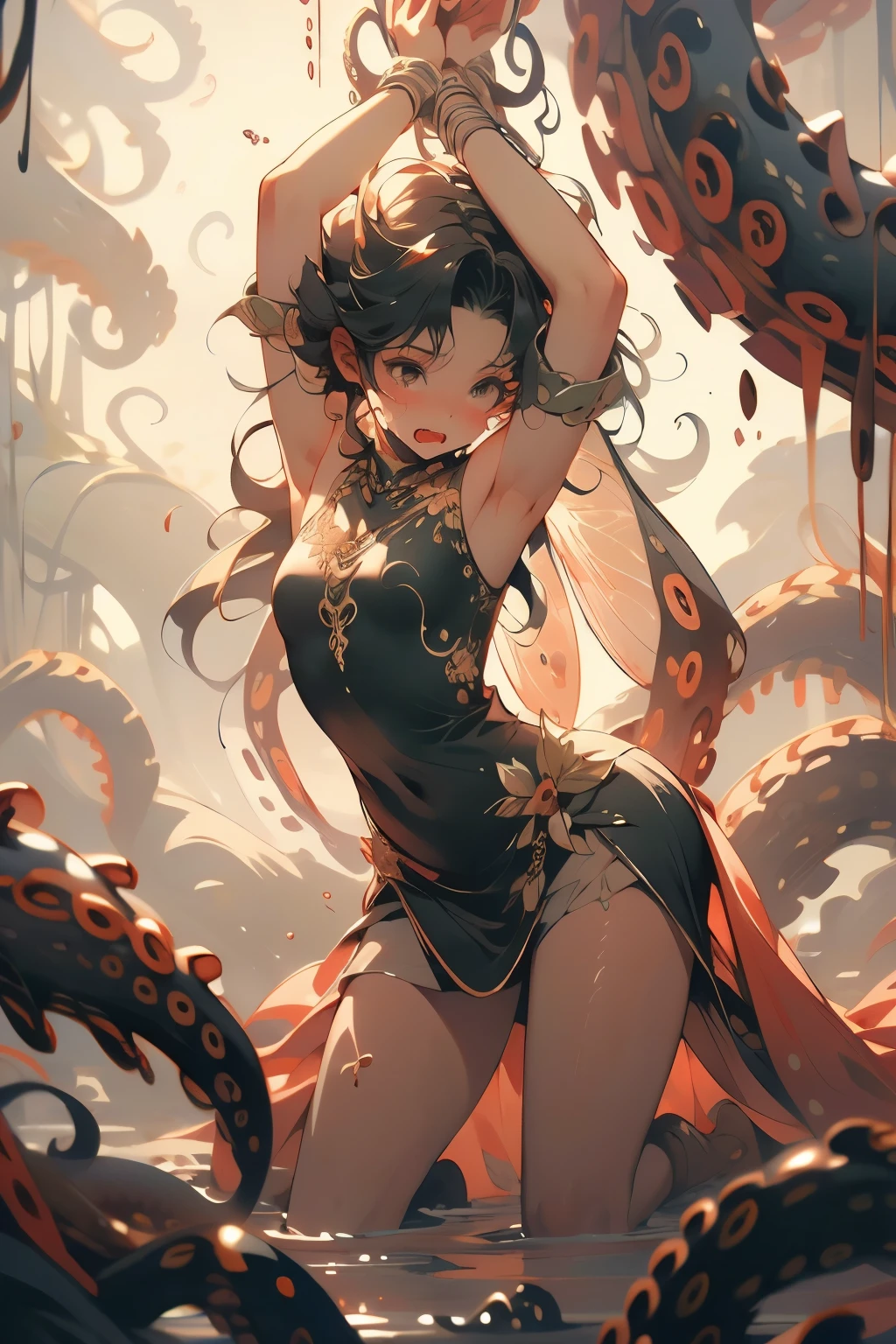 ((best quality)), ((masterpiece)), (detailed), 1 fairy girl, off-shoulder sweater, a fairy, fairy girl, winged pixie girl, girl fairy, various different types of insect wings, small breasts, NSFW,Covered with tentacles, encoiled by tentacles, Tentacles around the body, many tentacles, captured by tentacles, bound by tentacles, trapped by tentacles, Fine details,Tentacled,Tied with tentacles, roaming tentacles, drooling,Crying,horrified expression, panic, fight for survival, Detailed body,Full limbs,NSFW, being pulled into a flower, wild environment, jungle, terrifying floral environment, horrific nature, predatory flora, fairy catcher, fairy trapper, fairy catcher plant, fairy trapper-plant, fairy catcher flower, fairy trapper-flower inspired by carnivorous plants; a plant occupying the equivelant evolutionary niche as a spider would