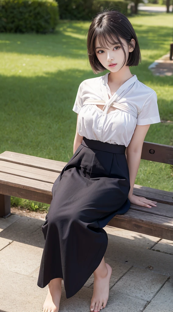 8k, RAW Photos, Highest quality, masterpiece:1.2), masterpiece, Highest quality, shape, Very detailed, Fine details, High resolution, 8k,wallpaper, Perfect dynamic composition,(High quality with attention to detail, Realistic depiction of eyes:1.3)、Tied up and bound woman、fold your hands behind your back、Sitting on a bench by the lake、White panties are visible、Look forward、２１talent、beauty、Well-formed face、Even out the eyes、Beautiful black hair、Bangedium Build、Balanced proportions、Beautiful feet、Short sleeve shirt、Long skirt、