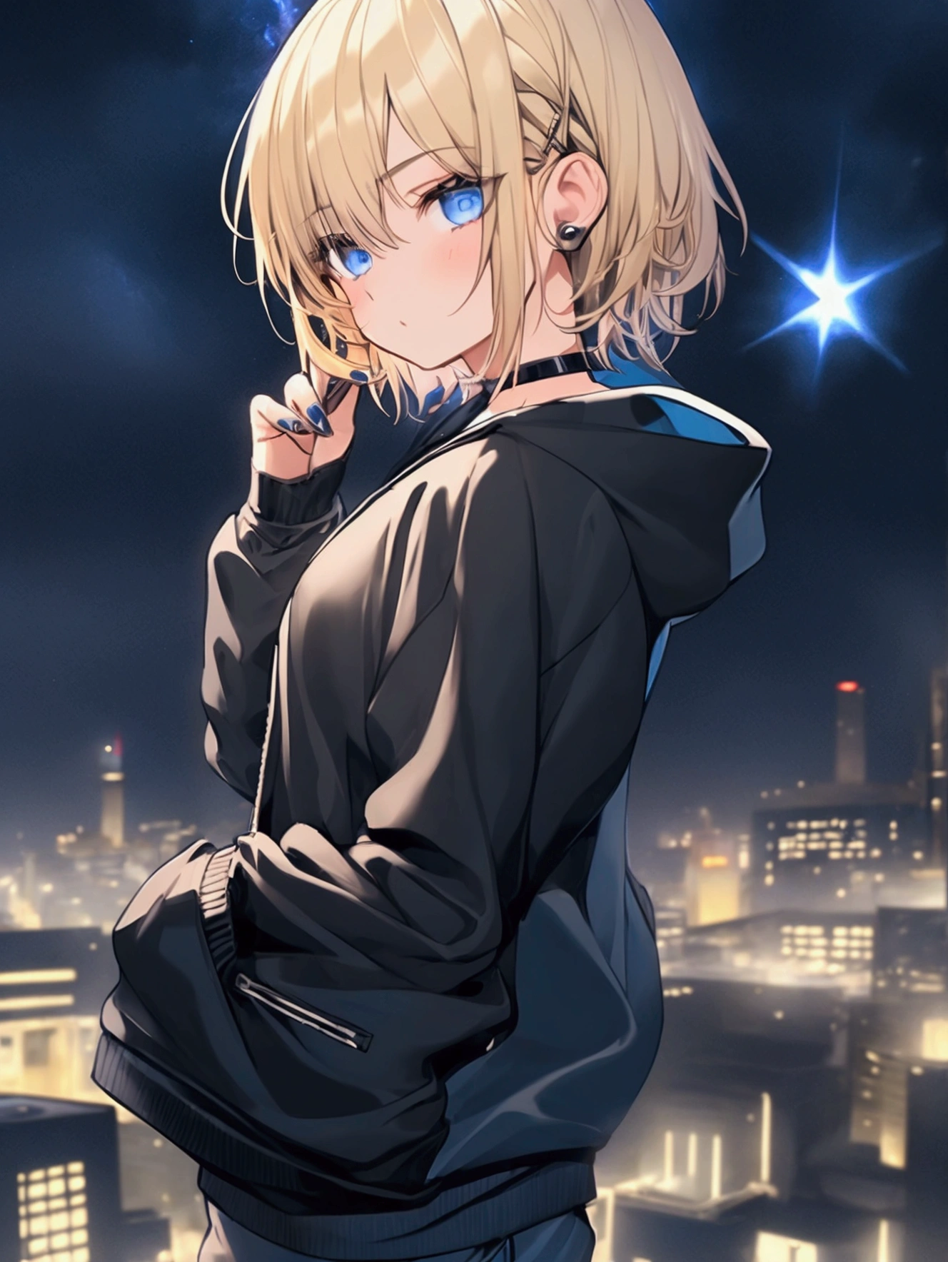 girl with blonde short hair, blue eyes, wearing short pants, black hoodie, night rainy, using lightning magic, low angle camera, from top of bulding
