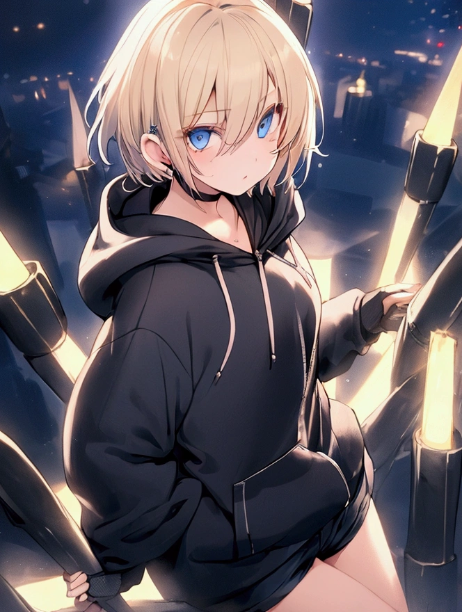 girl with blonde short hair, blue eyes, wearing short pants, black hoodie, night rainy, using lightning magic, low angle camera, from top of bulding