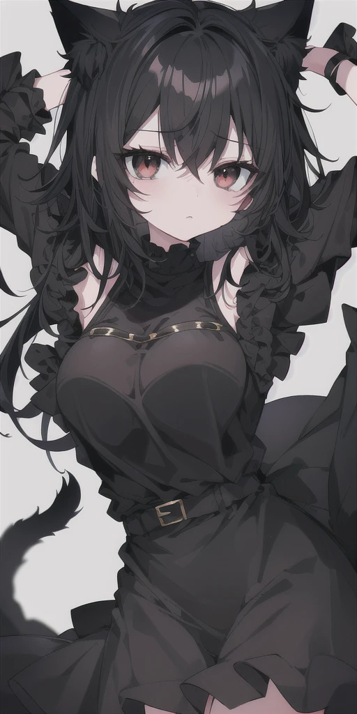 (masterpiece),(score_9,score_8_up,score_7_up),best quality, expressive eyes, perfect face, natural lighting, blurred background, 1girl, (purple eyes, swirly eyes), ((black hair, smooth hair, long hair)), (medium breasts, wide thighs, slim waist), (black hairband, black off shoulder frilled dress, thigh-highs, garter straps, high heels, gothic makeup), ([blush], smirk, smug face, tease), (full body, front view, leaning front, hand over breasts, seductive pose), (messy bedroom background)