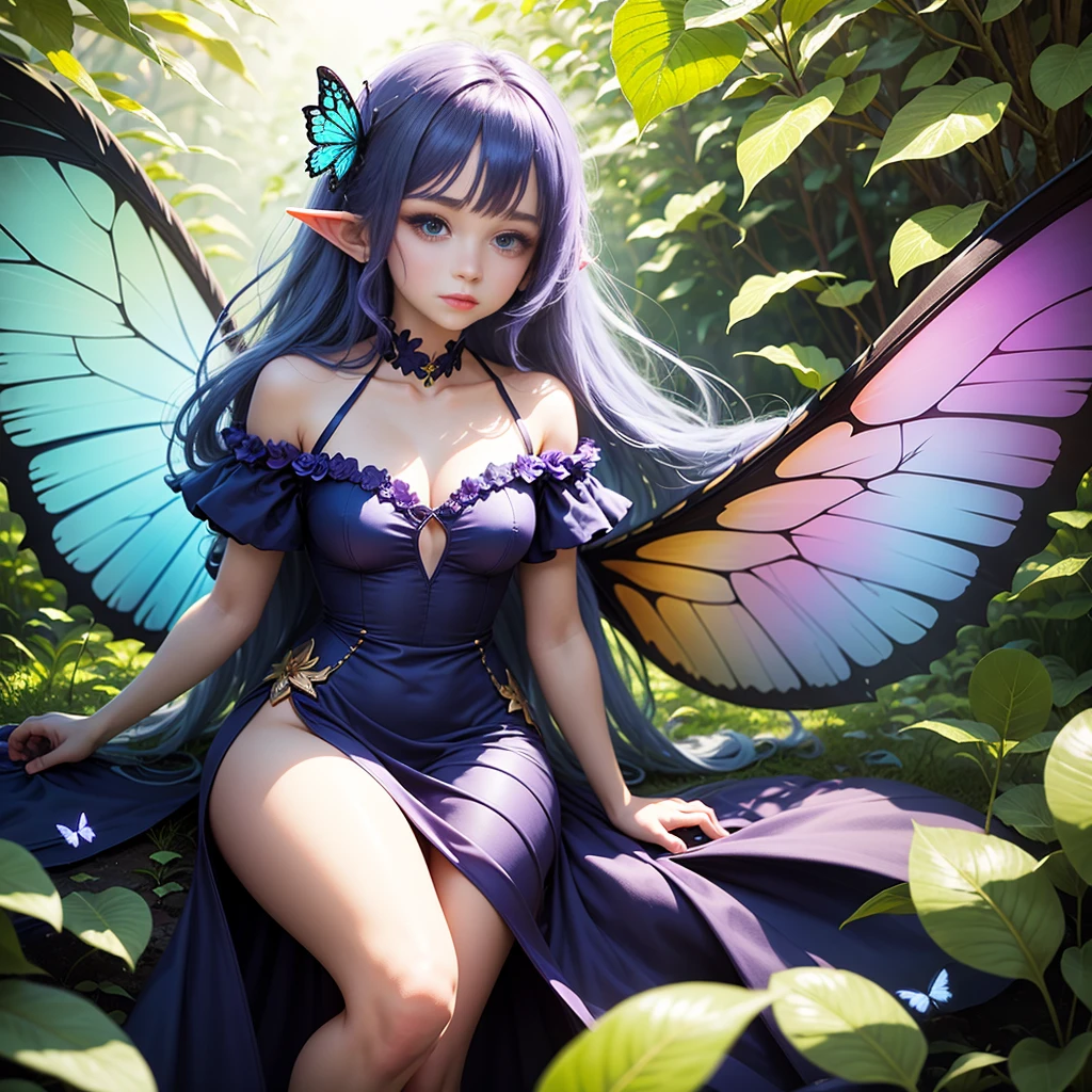 Cute little fairy, long hair, blue-lightpurple sparkling hair, sparkling, pointed ears, sunlight, dress made of leaves, transparent wings, beautiful blue butterfly, big flower, leavesThe sunlight sparkles