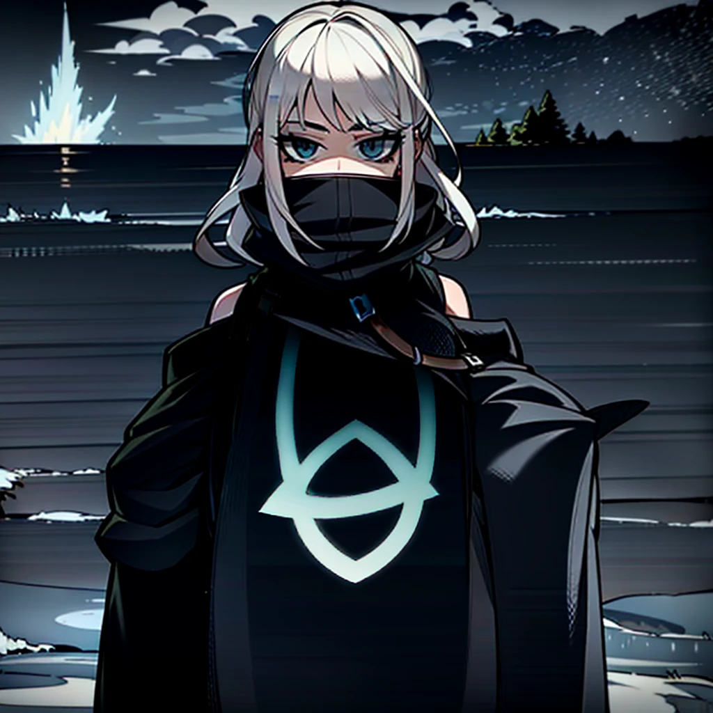 dusk,White hair girl,Wearing a white shirt and plaid skirt,The hood covered her face,Guitar on shoulder,Facing the sea。