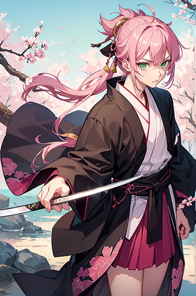 boy, samurai, green eyes, pink hair, earring, Japanese robe, Kimetsu no Yaiba art style, katana, kimono, cherry blossom