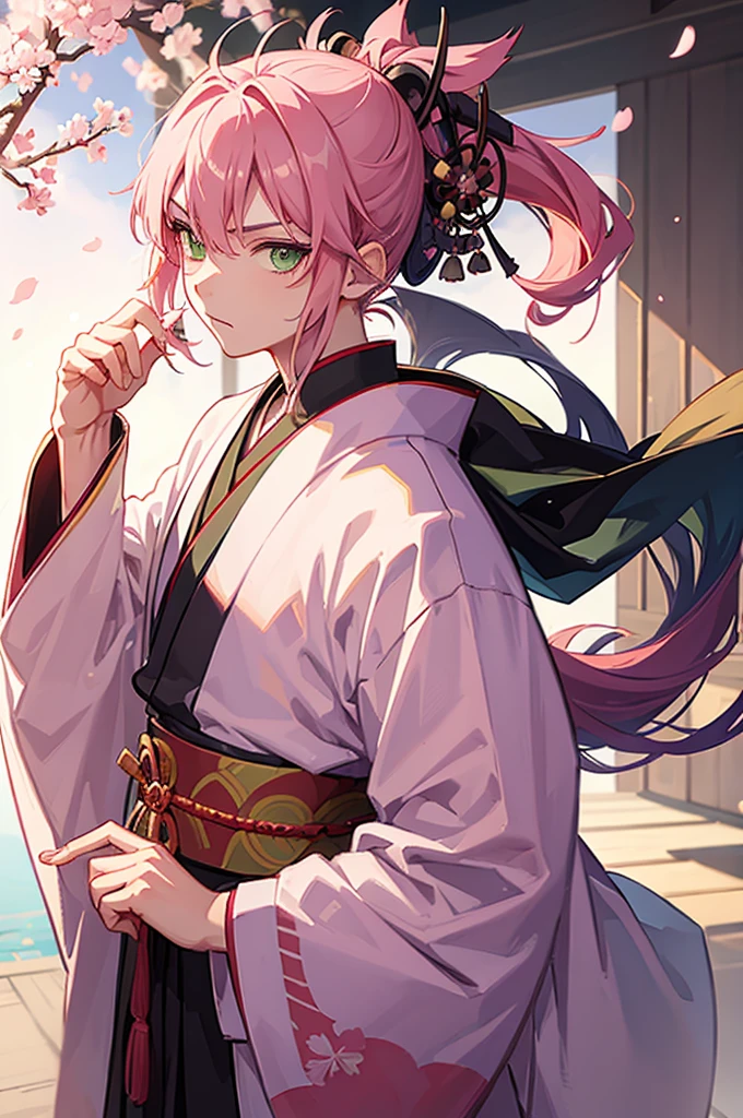 boy, samurai, green eyes, pink hair, earring, Japanese robe, Kimetsu no Yaiba art style, katana, kimono, cherry blossom