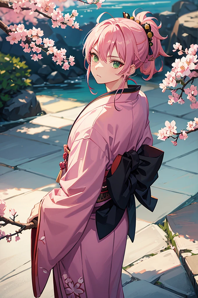 boy, samurai, green eyes, pink hair, earring, Japanese robe, Kimetsu no Yaiba art style, katana, kimono, cherry blossom