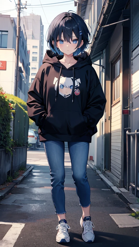 Anime girl with blue eyes dark blue short hair wearing black hoodie and jeans with sneakers 