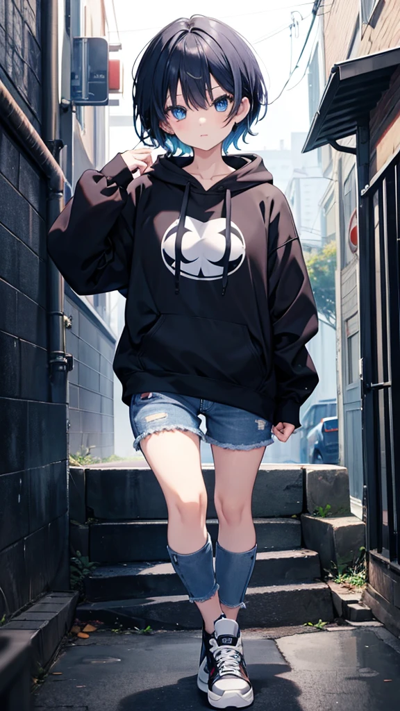 Anime girl with blue eyes dark blue short hair wearing black hoodie and jeans with sneakers 