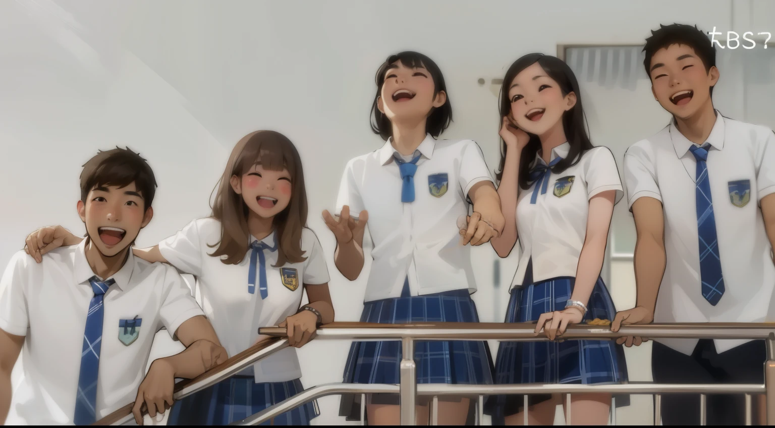 There is a group of young students who are smiling happily.