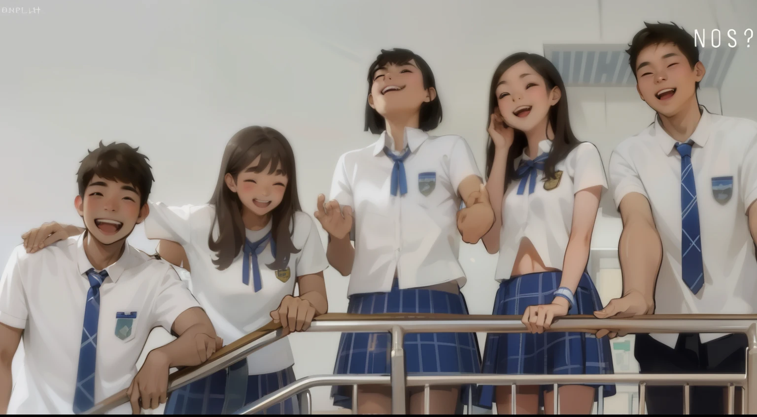 There is a group of young students who are smiling happily.