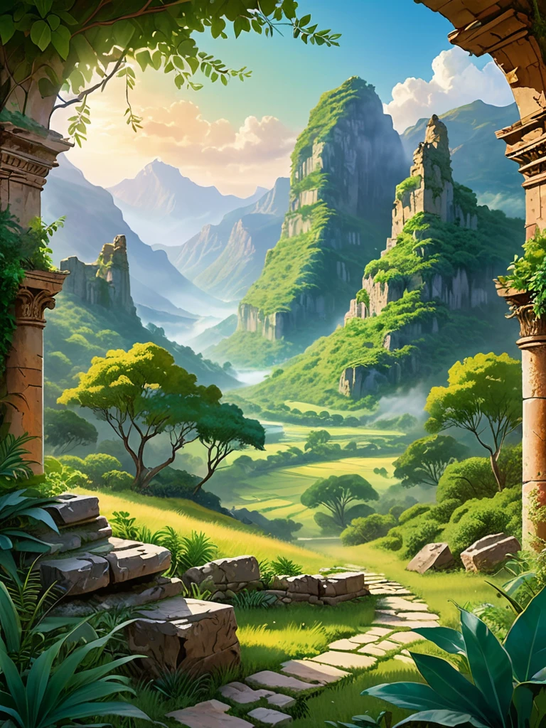 Create an artwork of a hidden valley nestled between towering mountains, with ancient, mythical ruins partially visible through the foliage. Use a mix of warm and cool tones to highlight the enchanting and mysterious nature of the location.