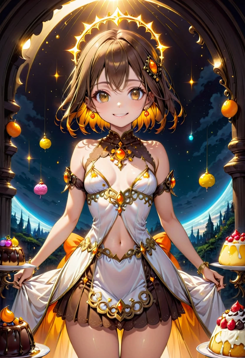 High resolution, high quality, High-resolution model, High detail, Very detailed, (Slim figure:1.3), (Small breasts:1.3), (Thin legs:1.3), (Costumes that hide the lines of the body:1.5), (Loose costumes:1.5), (Fantasy atmosphere:1.3), (Waist up shot:1.3), (Artistic background with various sweets as a theme:1.3), (Have a pudding:1.3), goddess, Girl, Very Short Hair, Straight Hair, smile, Happy face, Brown eyes, Gradient eyes, Front shot, Her hair is brown on top and orange on the bottom., Mysterious Circlet of Light, Neon-like earrings, White dress, mini skirt, Shiny yellow and orange gothic ornaments on the costume, A mysterious ring of light in the background extends off-screen, Mysterious light in the background, The background is yellow, orange and brown