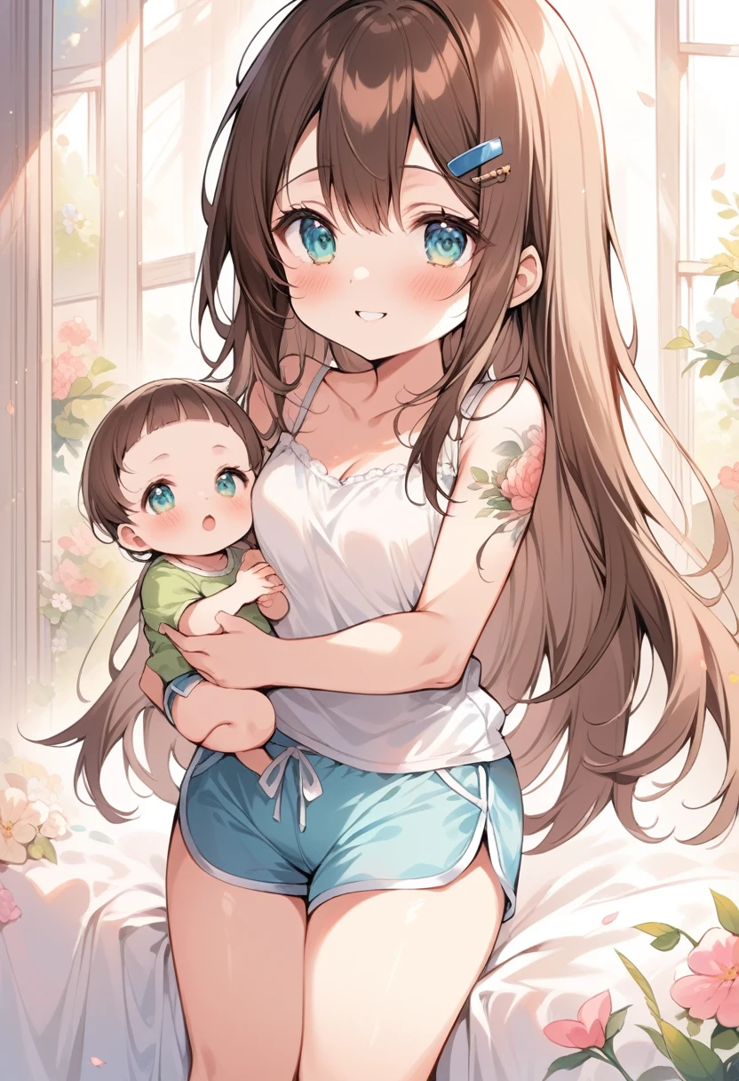 (best quality, masterpiece:1.2),(ultra high quality:1.2),smooth soft skin, natural skin, (super fine illustration:1.2), watercolor, breathtalking Scenery, breathtalking Beauty, breathtalking Cute, 
BREAK
(loli:1.4),(little female child:1.3),mini girl,  baby face,  toddler,6 years old,small breast,  jiggly, skindantation, ultra cute face,oily skin,(highlight on eyes:1.1),little smile,excessive detailed knees, excessive detailed thighs,
BREAK
(long straight hair:1.4), (chocolatebrown hair:1.3),(aqua eyes:1.1),(Shoulder colorful floral pattern tattoo:1.1),(simple floral pattern tattoo:1.1),
BREAK
(hairclip:1.1),(sexy dolphin shorts:1.2),Satin camisole,exposed shoulders,
BREAK
(holding flower bouquet:1.5), (Finger behind the bouquet:1.4), (Hands behind the bouquet:1.5), Ultra detailed flowers bouquet, (flowers background:1.1), Falling petals, celebration, Solo, Congratulations, (blush:1.2), Confetti, (dust particles:1.2), bloom effect,Leaf carpet, Create a mesmerizing display of power and beauty,sunshine,