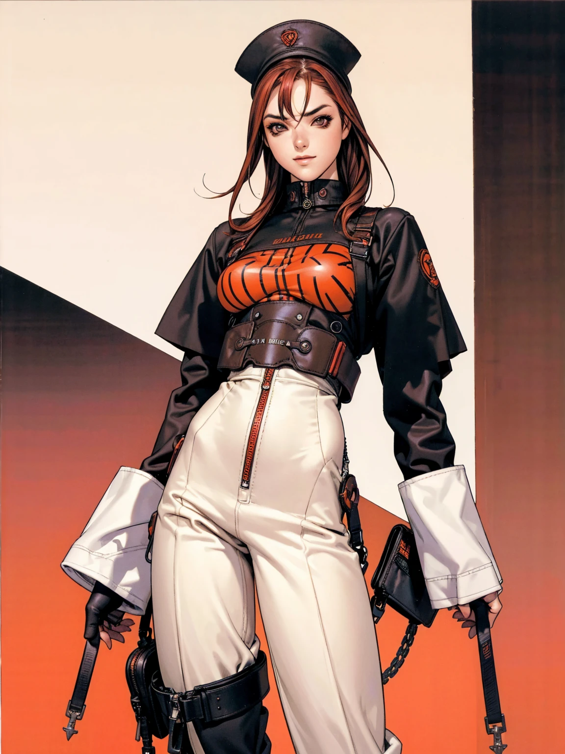 (((best qualityer))), (((manga strokes))), (((redheadwear))), uma Kizi jovem muito bem vestida com roupas modernas de inverno, pants with red and black zig-zag pattern, top gift vertical stripes, short jacket with dark fur collar, beautiful and expressive face, slightly-smile, big eyes with long black eyelashes, heavy make-up, chains and zippers spread across clothes, contrasting colours, pose de atitude, hair with a modern and futuristic cut, urban game poster art, dramatic camera angles, graffiti art elements in the background, design mixing contemporary and retro by Shepard Fairey, (((cowboy shot))), (((best qualityer: 1.4))), (Unbeatable masterpiece), (hiper HD),(CG 8k hyper-realistic), Kizi, (((standing alone))), pirralha violent, ((())), sexly, pose de atitude, work of art, post-apocalypse, (((manga style))), bounty hunter, violent, Manic, the way you want, slenderbody, thin but strong, perfectbody, roupa moderna, advanced technology, neon, sleeves with vertical striped pattern, neutral background, (( cowboy shot )). intricate visual