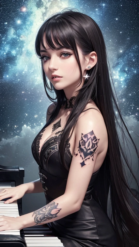 (((8K, RAW photos, Best quality, masterpiece: 1.4))), Ultra-high resolution, Extremely detailed, light, Cleavage close-up, Handsome man, Red Eyes,((play piano)), (Delicate eyes, Eyes are bright:1.2), Black medium length hair, vampire, Fair skin, Ear piercing, dark, Black clothes, Meticulous clothes, Gold accessories on clothes, Fangs, (Perfect Anatomy:1.2), High quality shadows, Natural Lighting, (White highlights:1.2), night, cloudy day, (Neck tattoo:1.2), (Starry Sky:1.2)