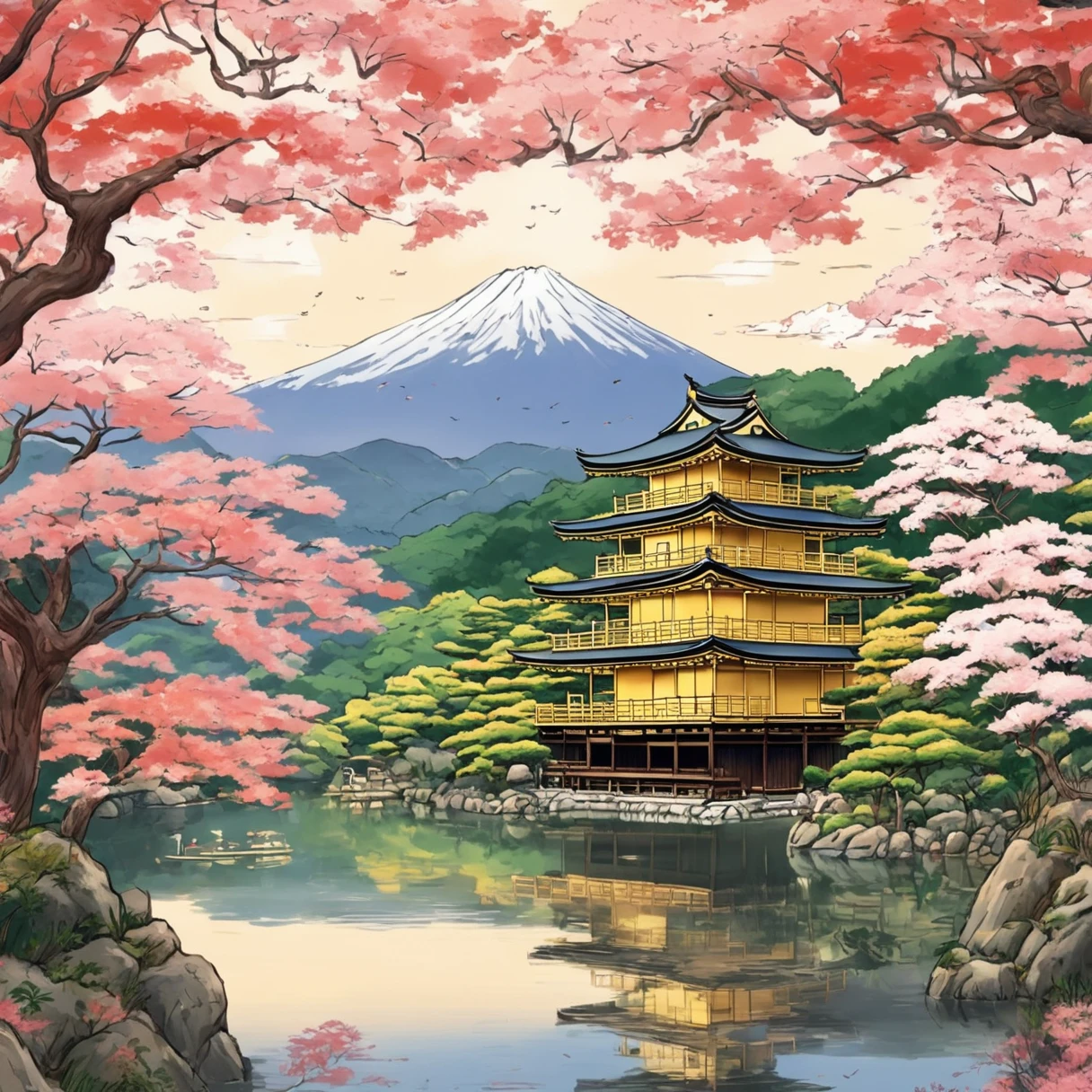 Enjoy the beautiful scenery of the historic Kinkakuji Temple、Please draw it in anime style。The roof of Kinkakuji Temple shines gold、Draw a detailed picture of the reflection in the pond.。In the surrounding nature、Four Seasons Discount々The vegetation is lush、Mountains in the background々Please include how it stands tall.。The overall atmosphere is fantastical and dreamy.、Try to create an atmosphere of mystery。