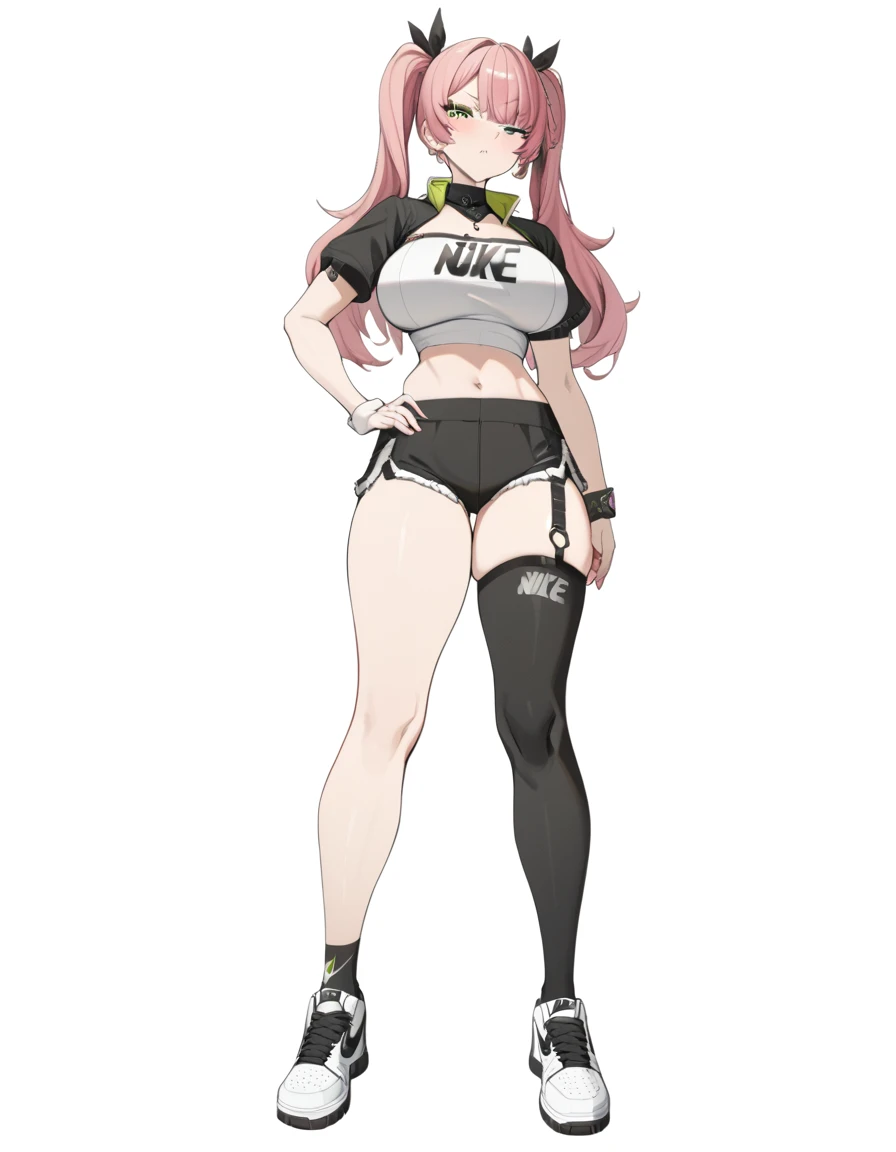 8k, best quality, masterpiece, (ultra-detailed:1.1), (one green eye:1.3), (high detailed skin), (full body:1.2), white background, standing, looking at viewer, (solo:1.4), hand on hip, nike, 1girl, large breasts, hair ribbon, twintails, pink hair, tube top, midriff, black shorts, (single thighhigh:1.2), (white background, simple background:1.4), ( good hands, nice hands:0.5), (beautiful_face), ((intricate_detail)), clear face, ((finely_detailed)), fine_fabric_emphasis, ((glossy))
