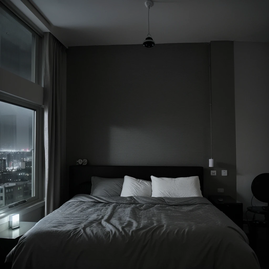 the atmosphere in the apartment room is minimalist, there is a bed and the mattress is bunk, there are city views, rainy weather, realistic, the atmosphere is exciting, the atmosphere is dark, there are only room lights.