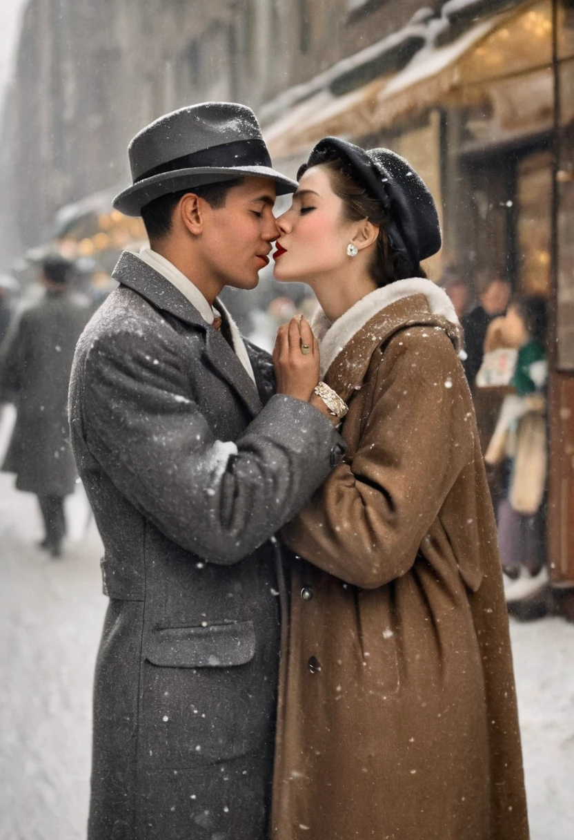 Vintage photography style, Art Deco,best quality,8K,high resolution,Very detailed,very clearly,Snowy Days,Commercial Street,(Many fashionable boys and girls are shopping),(Warm and lively atmosphere), Delicate texture,Smooth visible velvet,Wear pearl jewelry,High-end decoration,The male and female protagonists kiss,People around cheered and applauded